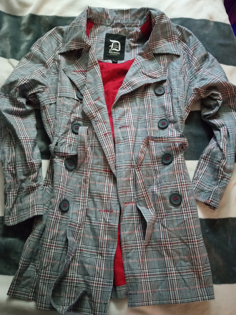 Dollhouse Plaid Double-Breasted Trench Coat with Red Lining